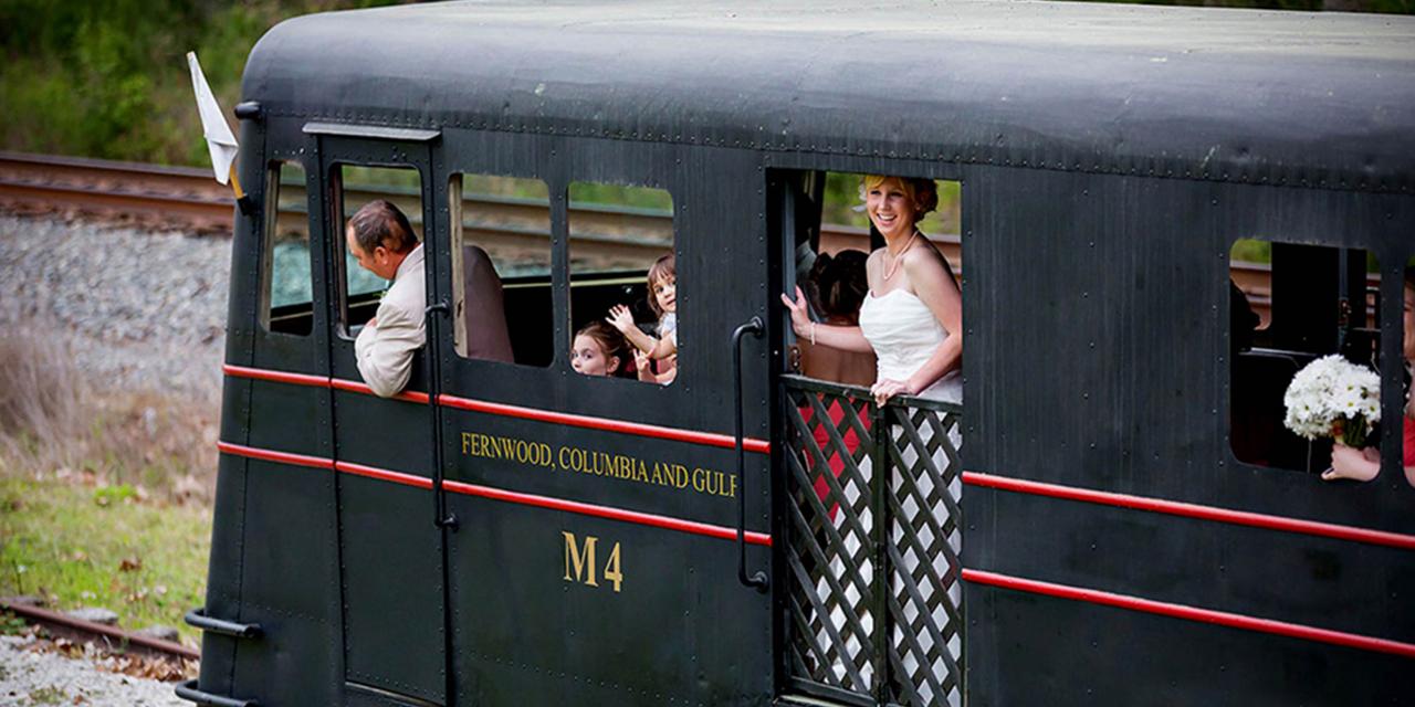 Arrive at your wedding by train at the Southern Forest Heritage Museum